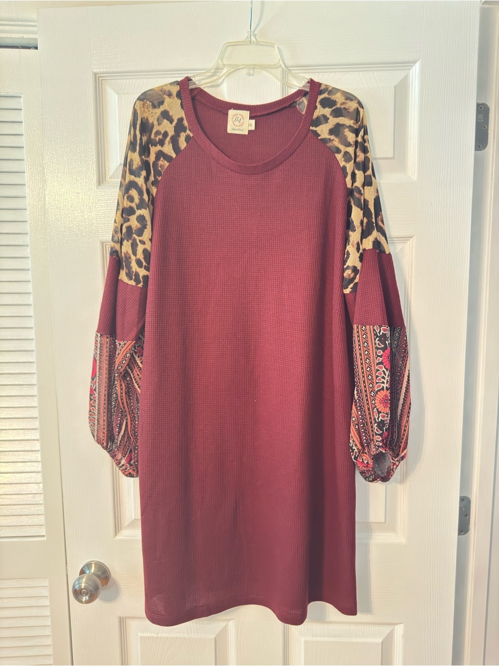 Women’s Burgundy Midi Dress with Leopard and Paisley Sleeve Accents